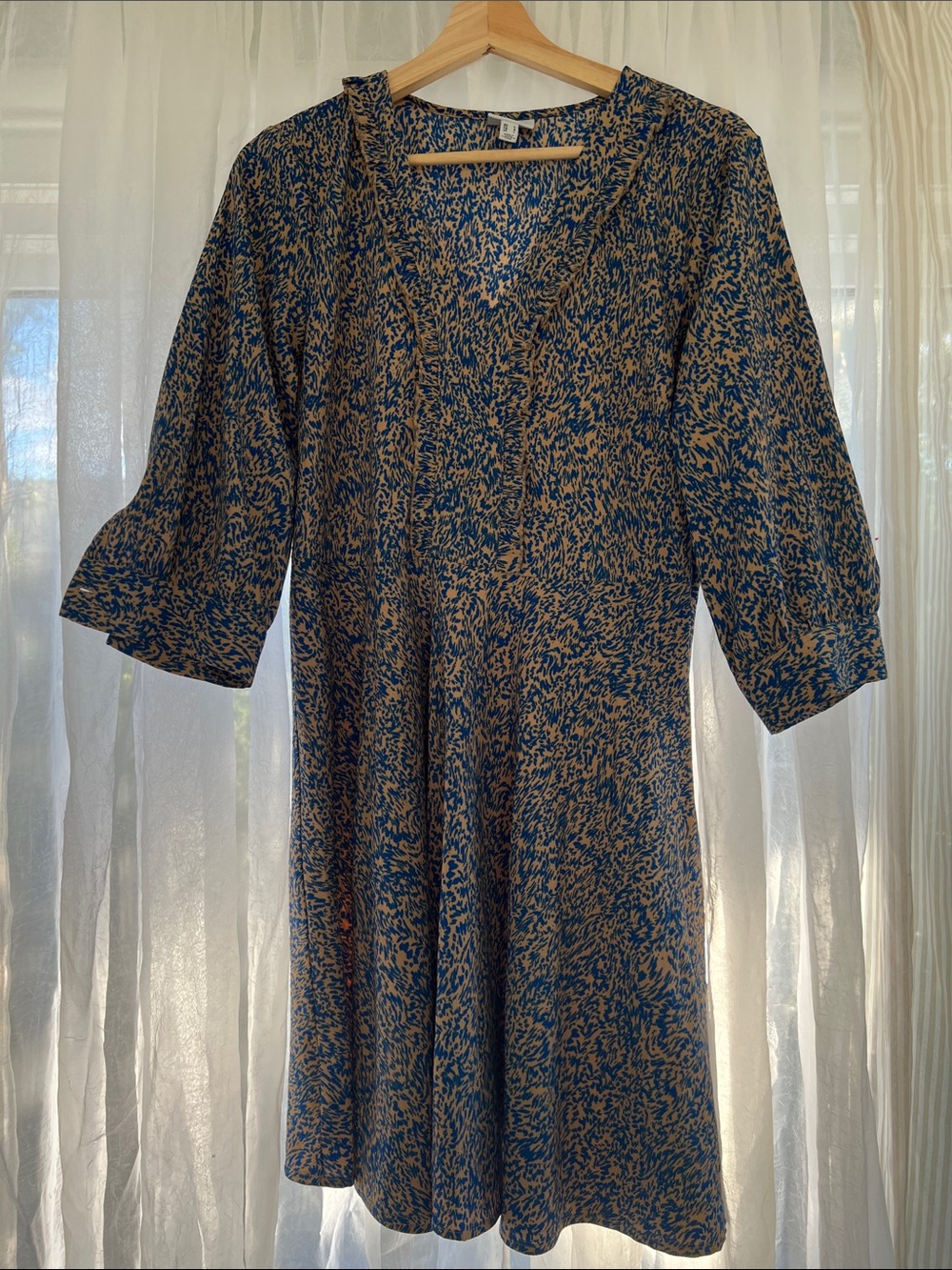 aware Blue and Tan Abstract-Print Midi Dress